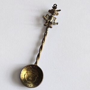 Vintage Costa Rica spoon coin bowl figural Pre-Columbian gold tone 1969